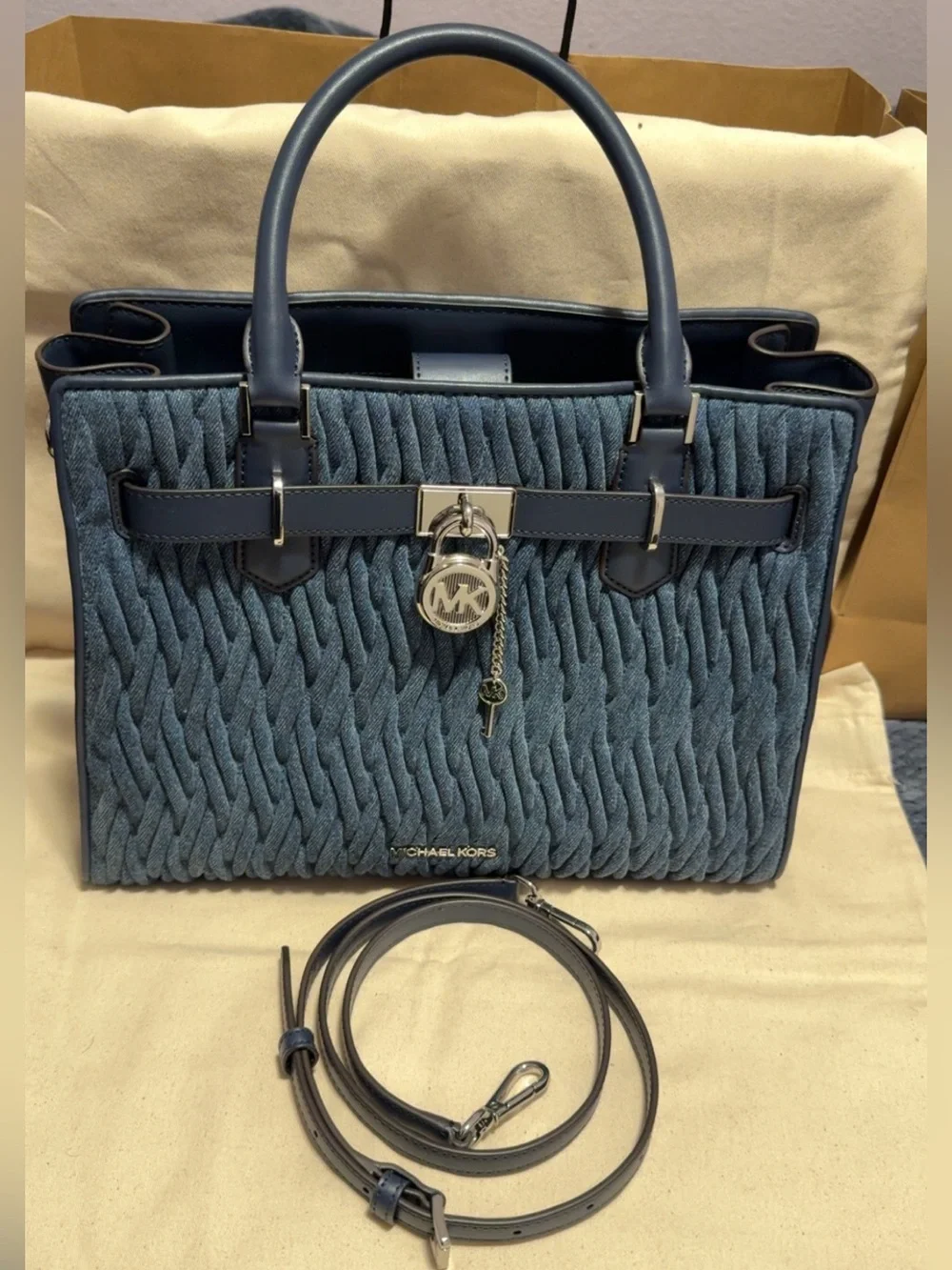 Michael Kors Navy Denim Satchel with Lock and Key Charms